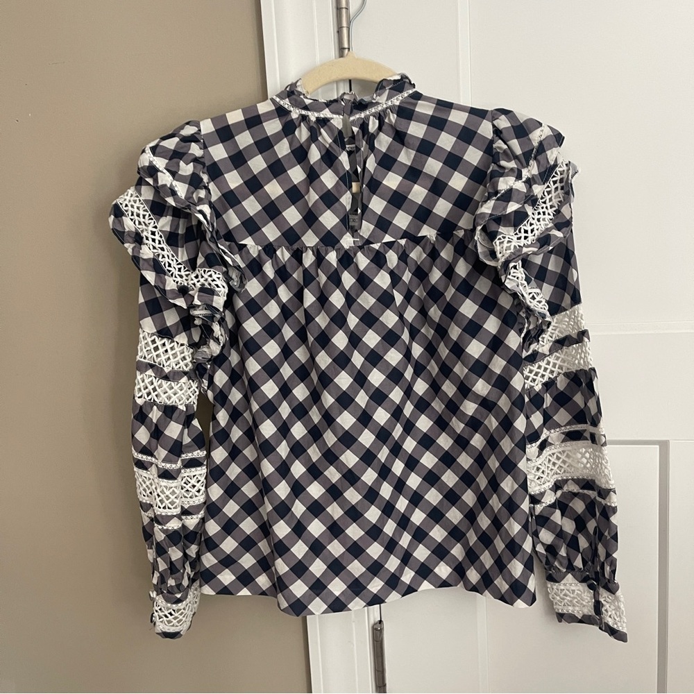 Marie Oliver Que Blue White Plaid Checkered Long Sleeve Ruffle Blouse - Picture 4 of 5